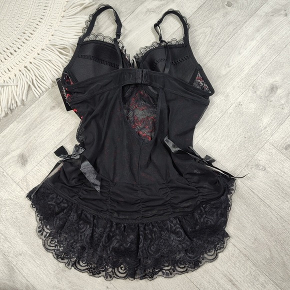 Nwts! Rene Rofe Women's Large Metalic Red & Black Lace Floral Lingerie With Bows - Picture 13 of 16
